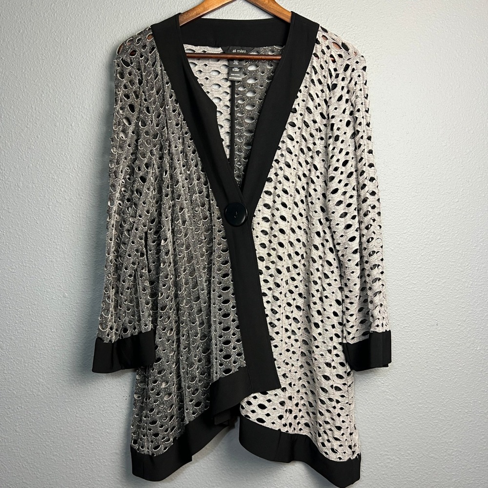 Ali Miles Gray Black Mesh Knit Cardigan XL Open‎ Drape Asymmetrical Button Front